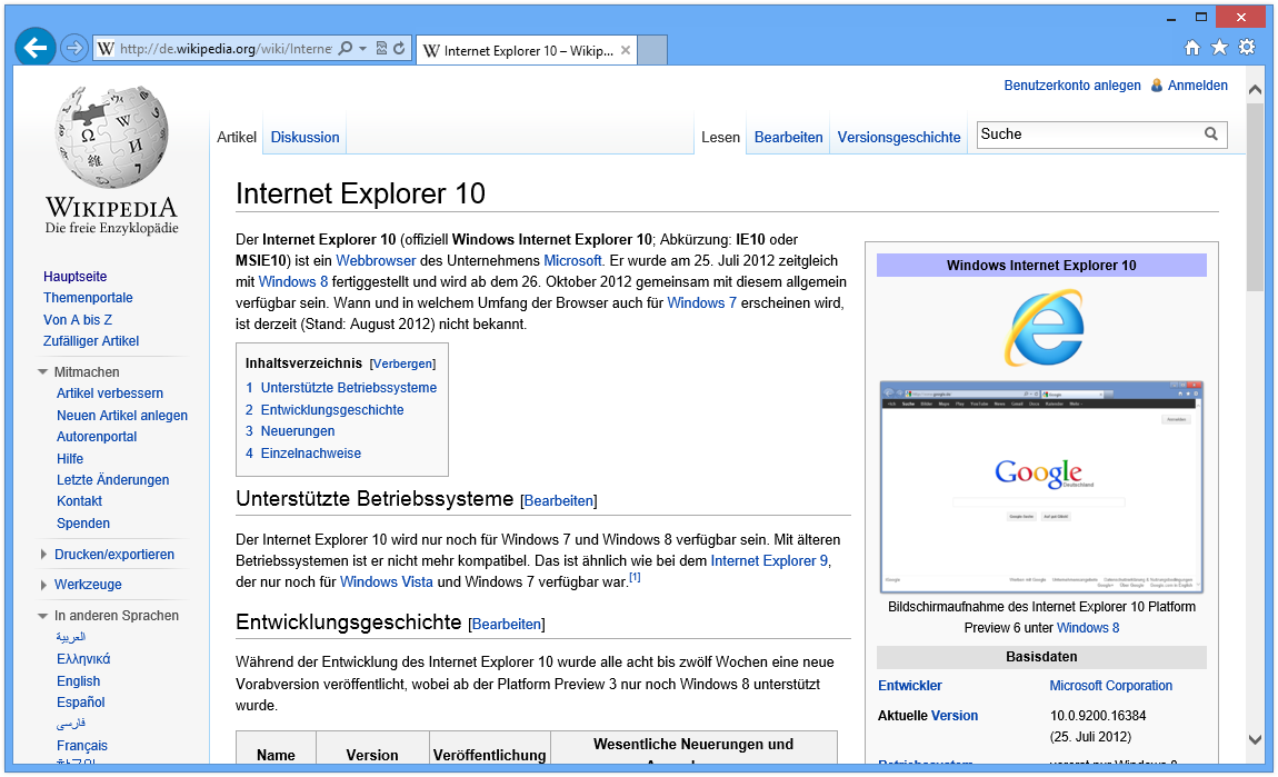 Internet Explorer 10 Showing Wikipedia (German) (2012)